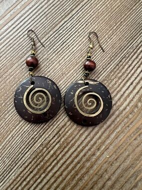 Authentic Hand-Carved African Wood & Brass Spiral Earrings - Boho Tribal